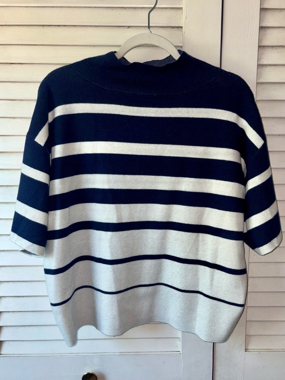 Maeve Carys Mock Neck Striped Sweater Top Navy Ivory Oversized Small - Picture 3 of 5
